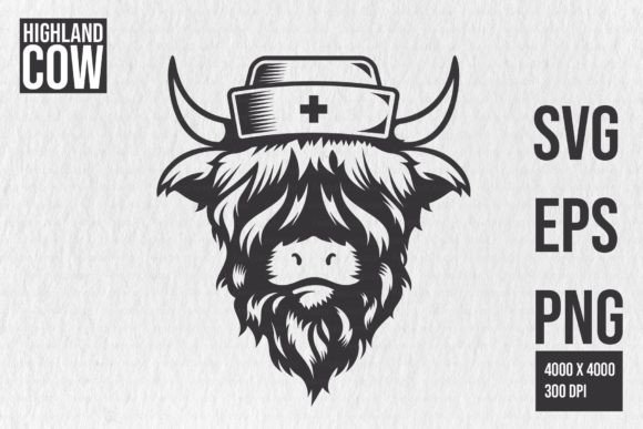Highland Cow Nurse Head Design Clipart: Graphics for Crafts